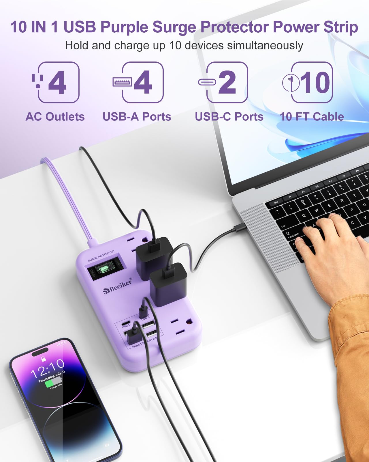 6 USB(2 USB C) Purple Travel Power Strip- 5Ft Lavender Extension Cord with 24W USB Charging Station and 4 Outlets, Purple Desk Accessories with Surge Protector for Cute Kawaii Office Dorm Room