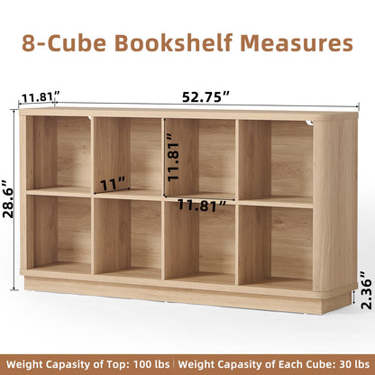 Joaxswe 8 Cube Storage Book Shelf, 52" Long Horizontal Bookshelf with Curved Edge, Floor Standing Wooden Cubby Bookcase with Base, Modern Low Console Book Case, TV Stand for Living Room, Natural Oak