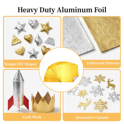 PanLuoNais 100 Pcs Thick Craft & Embossing Foil Sheets ,Durable Tin & Aluminum Foil for DIY Art, Home Repairs and Crafting-Gold