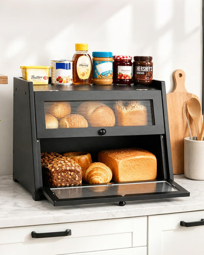 Kerisgo Bread Box for Kitchen Countertop - Double Layer Wooden Bread Storage Container for Homemade Bread,Counter Organizers and Storage for Fruits,Spices,Bread - Black