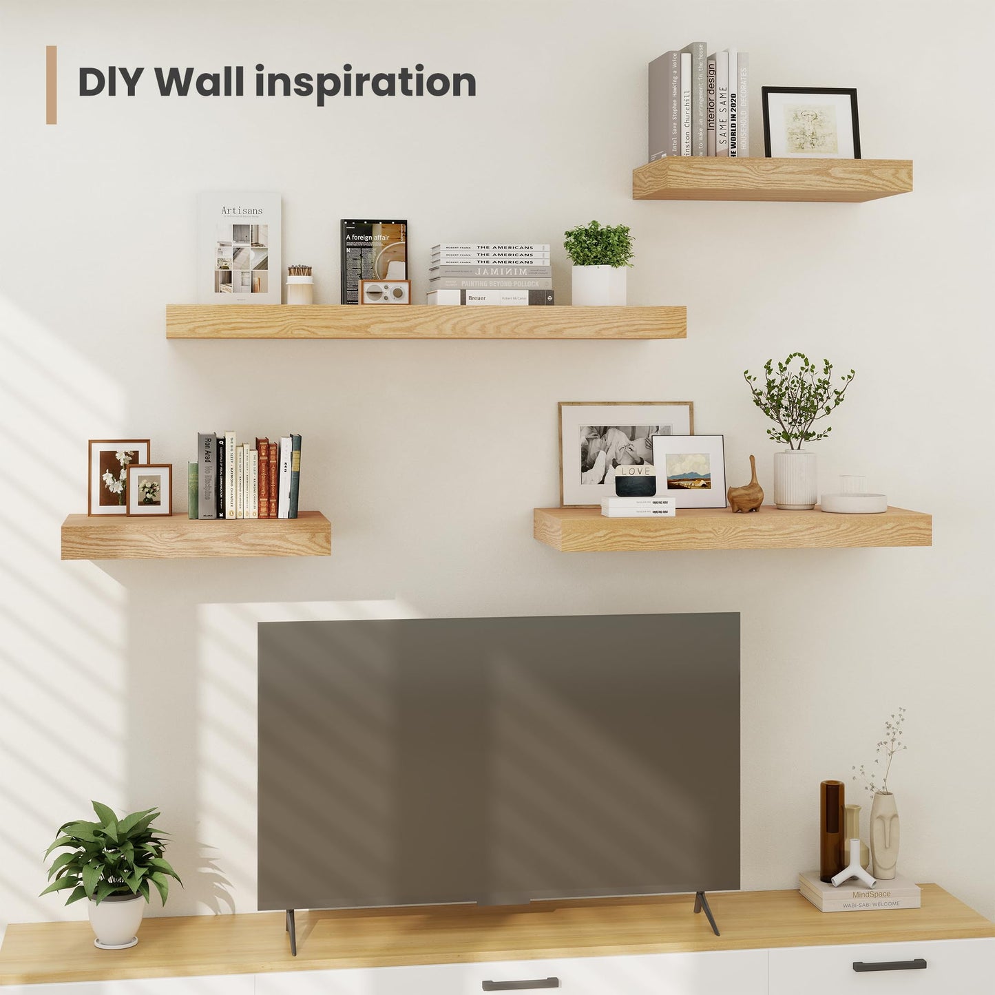 Heimlove 12 Inch Deep Floating Shelves, 48 x 12 inches Long Wall Shelf, Large Display Shelf & Storage Shelf, Rustic Wood Wall Shelves for Fireplace Mantel, Set of 2(Oak)