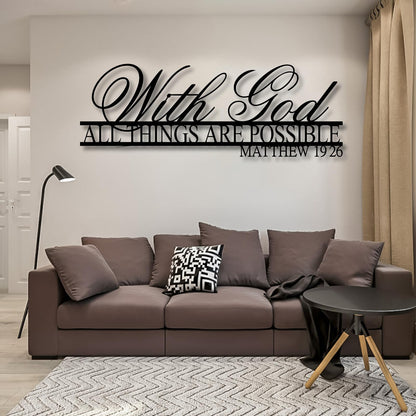 With God All Things Are Possible Metal Wall Art, Matthew 19:26, Bible Verse, Christian & Religious Wall Decor, Wedding & Housewarming Gift, Motivational Art (Black, 59"W x 21"H / 150 x 53 cm)
