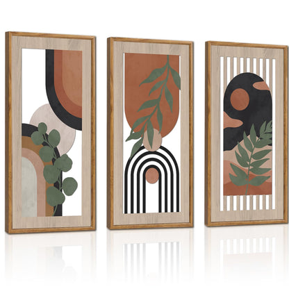 HPNIUB 3 PCS Boho Wall Decor, Minimalist Mid Century Sun Geometric Line Hanging Wood Sign for Living Room, 8x16Inch Modern Botanical Leaf Wooden Plaque for Apartment Bedroom Office Decoration