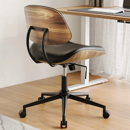 BERYTH Armless Office Chair with Wheels, PU Leather Adjustable Height Desk Chair - 360° Swivel Ergonomic Computer Chair for Small Space, Modern Walnut Style, Home & Meeting Room, Black
