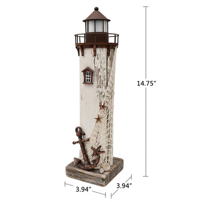 Wooden Lighthouse Decor with Light, Decorative Nautical Lighthouse Nightlight Rustic Ocean Sea Beach Themed Lighthouse Decoration