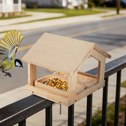 Wooden Bird Feeder with 2 Trays Metal Bracket Railing Mount Balcony Birdfeeder Large Capacity Weatherproof Platform Wild Bird Feeding House for Cardinals Finches Garden Yard Decoration