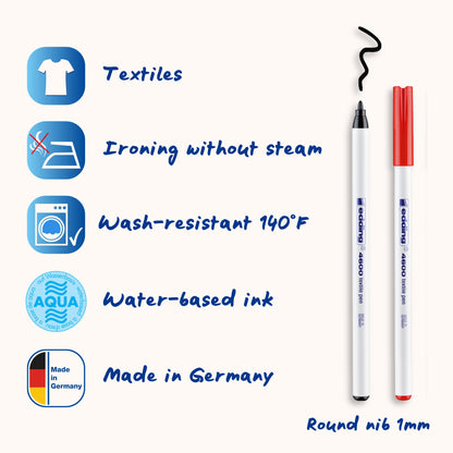 edding 4600 textile pen - black, red, blue, green, yellow - set of 5 - round nib 1 mm - permanent fabric pens for drawing on textiles, wash-resistant to 60 °C - fabric pen