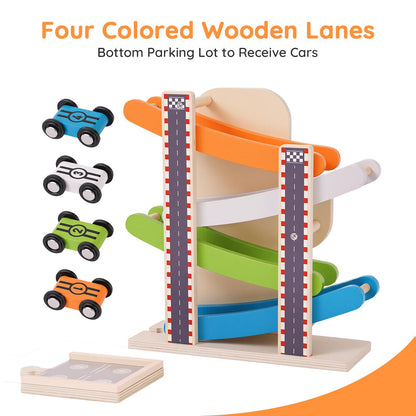 Busy edition Car Ramp Toys for 1 Year Old Boy Gifts, Montessori Toys for 1 Year Old, Wooden Race Car Track for Toddlers 1-3, Toy Cars Ramp with 4 Mini Cars & Parking Lots, 1st Birthday Gifts Boy
