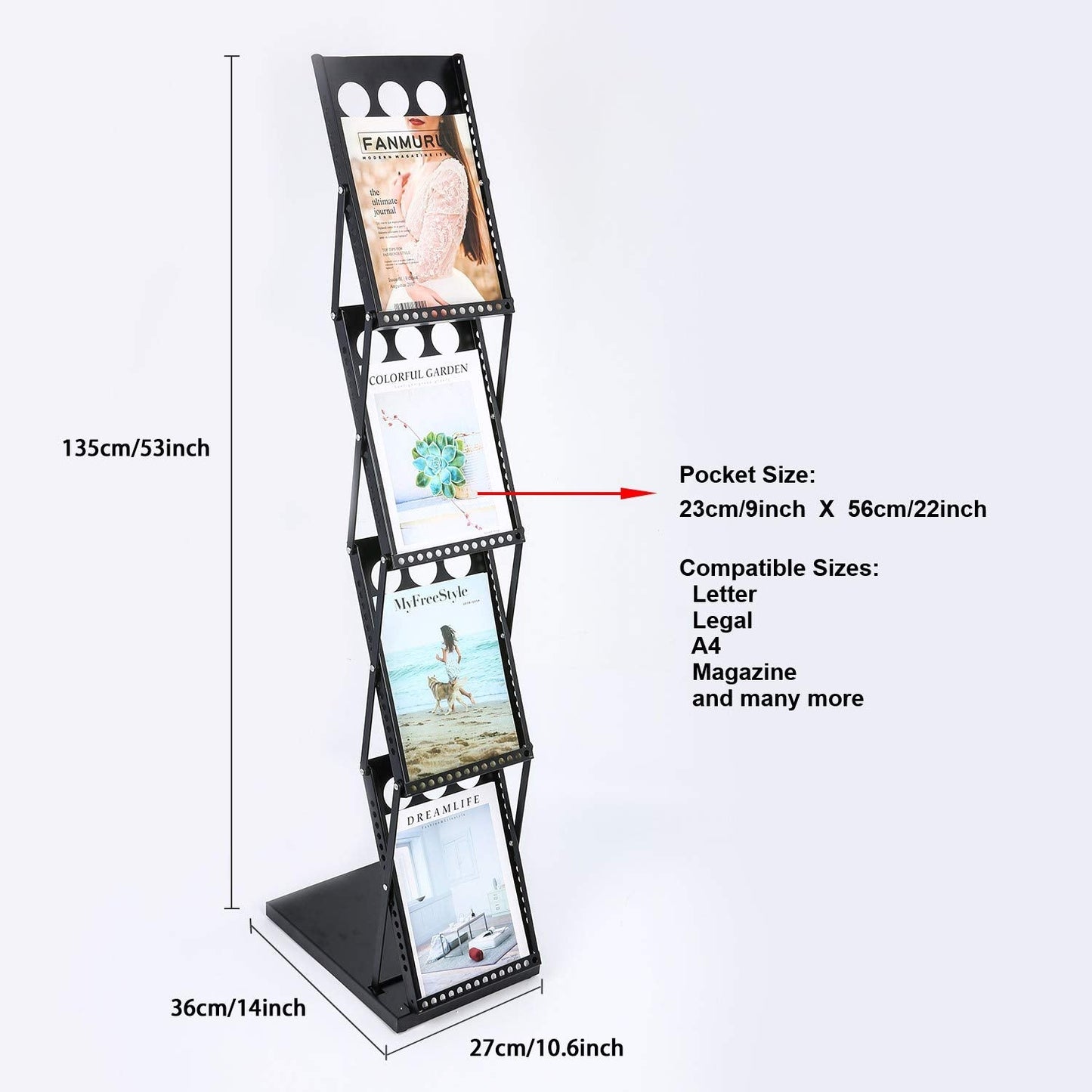 Polmart 4-Tier Brochure Literature Display Floor-Stand Rack with Adjustable Pockets. Portable Collapsible Design with Carry Bag for Trade Shows, Offices, Retail Stores (Black)