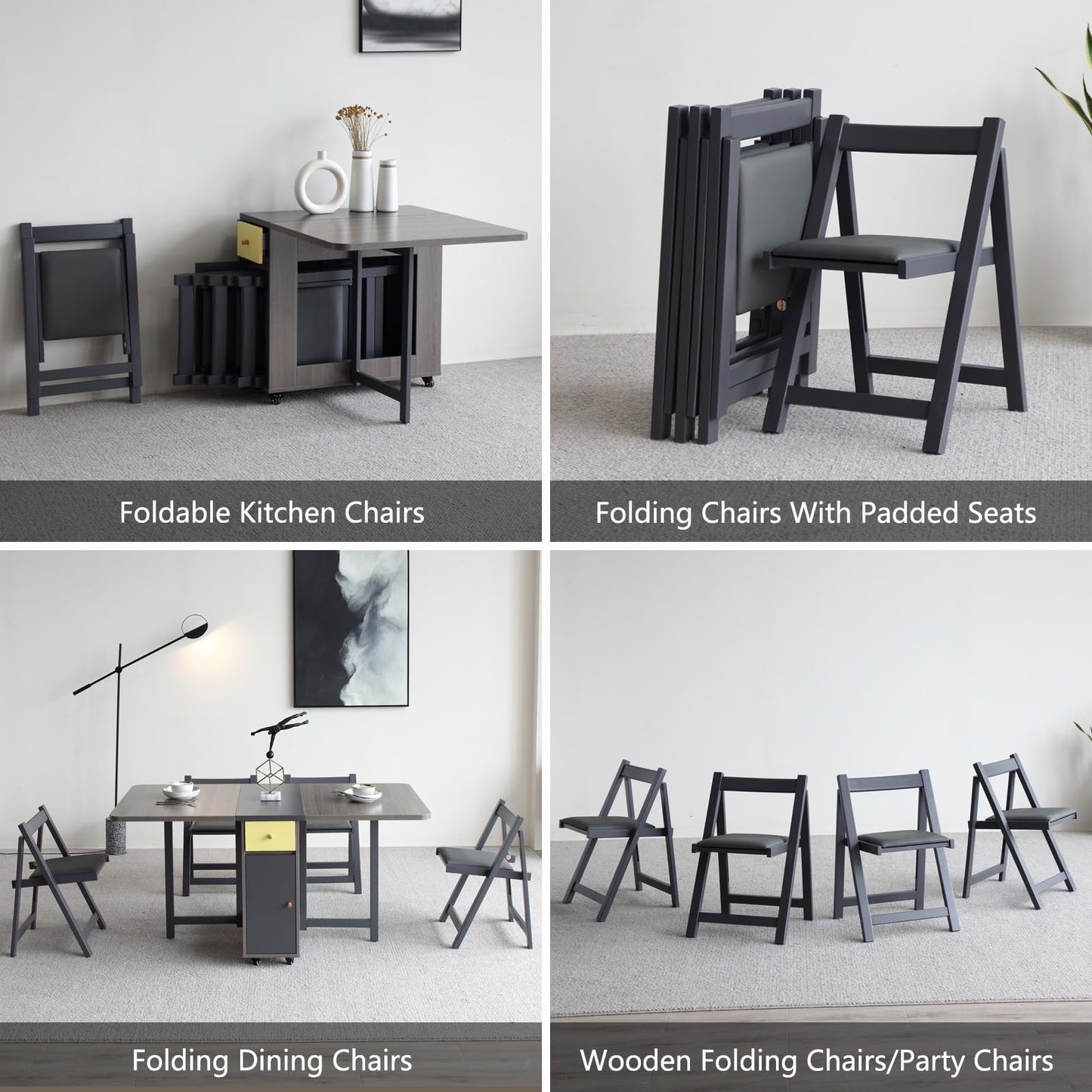 FUNROLUX Folding Dining Chairs with Padded Seats 2 Pack Wooden Folding Chairs for Kitchen Table Event Party Indoor 198LB Weight Capacity (Grey)