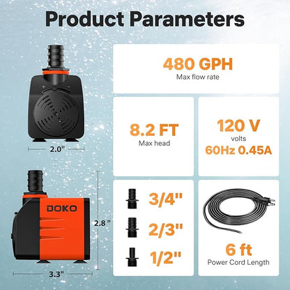 DOKO 480GPH Submersible Water Pump, Fountain Water Pump with 6FT Power Cord and 3 Nozzles, 35W, Ultra Quiet Pond Pumps for Pond Aquarium Fountain Waterfall Fish Tank Hydroponic Statuary