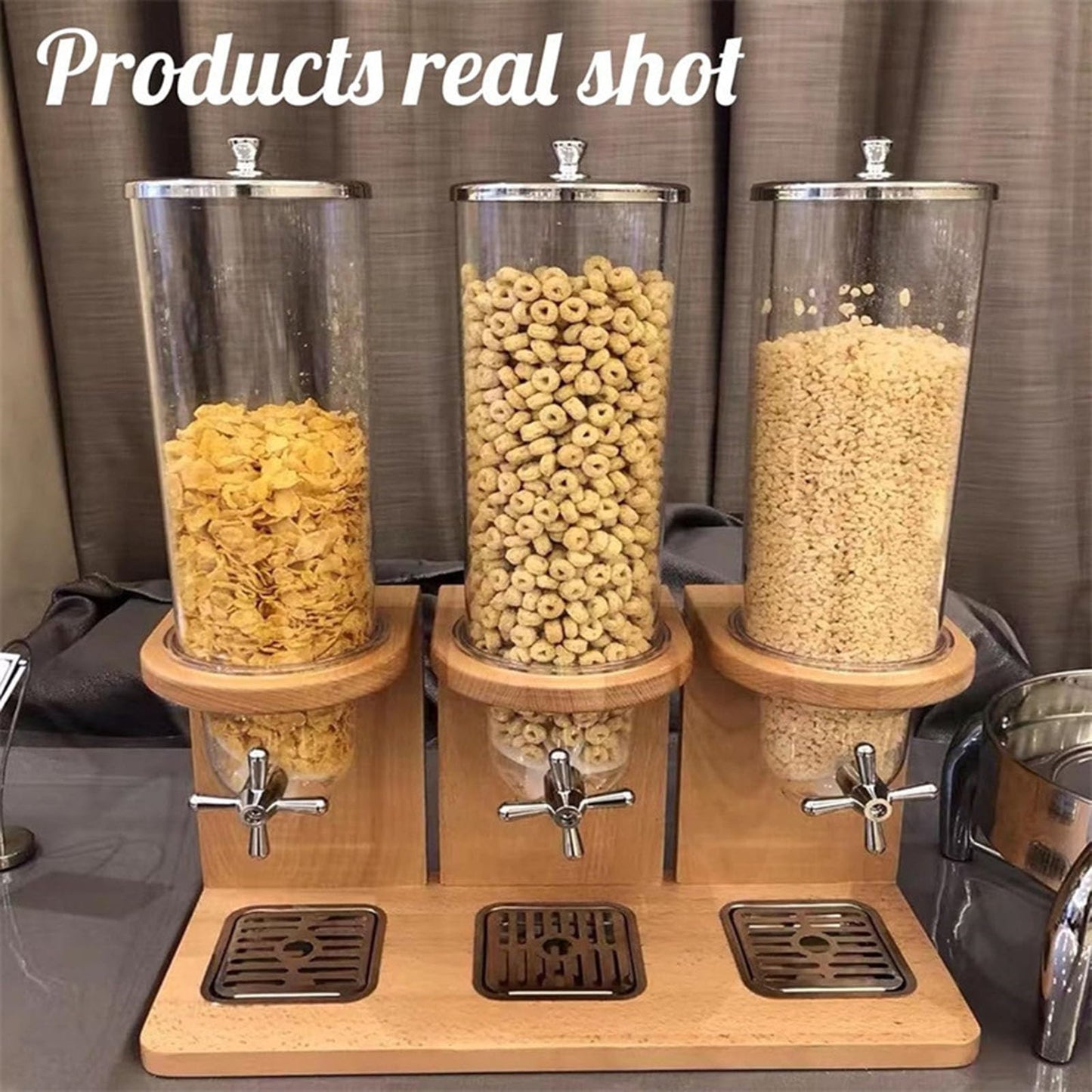 Litelogy Cereal Dispenser with Wooden Base, 3 Barrels Airtight Dry Food Container, 4L Each Countertop Organizer for Oats, Grains, Nuts, Beans, Rice