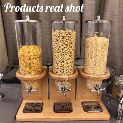 Litelogy Cereal Dispenser with Wooden Base, 3 Barrels Airtight Dry Food Container, 4L Each Countertop Organizer for Oats, Grains, Nuts, Beans, Rice