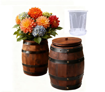 Wood Wine Barrel Vase 6" x 5" – Mini Barrel Rustic Wooden Flower Vase Planter for Wedding Reception, Party Table Decoration,Home Indoor Outdoor Garden, Kitchen,Planting-2pcs (2)