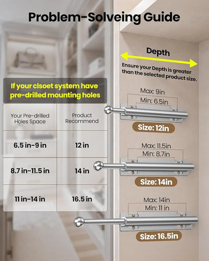Supforce Valet Rod for Closet Pull Out, Retractable Slide Out Valet Rod Closet Organization, 12" Aluminum Valet Clothing Hanger Rods Perfect for Suits, Freshly Pressed Clothes, Matte Silver