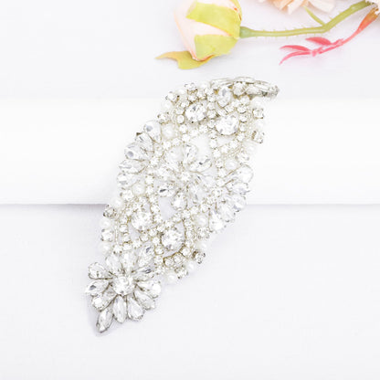 ShiDianYi Rhinestone and Pearl Beaded Applique for Bridal sash, Wedding Headband Wedding Belst Bridal Sash Silver Rhinestone Applique