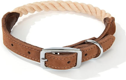 Mile High Life Genuine Leather Dog Collar, Durable Braided Cotton Rope Collar with Metal Pin Buckle for Small Medium Large Dogs (Light Brown, S Neck 11"-15")