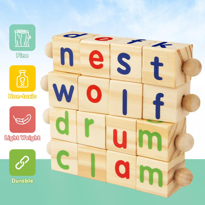 Montessori Learning and Educational Toys Gifts for Kids 3 4 5 Years, Wooden Reading Blocks Toys, Preschool Kindergarten Learning Activities, Turning Rotating Matching Flash Card Games
