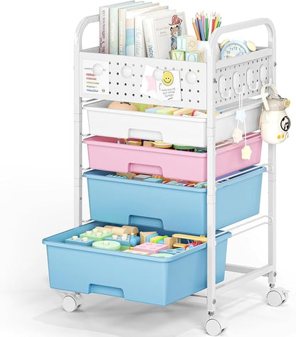 4 Drawer Rolling Storage Cart with Pegboard Top and Hooks, Mobile Organizer Cart with Wheels for Office Supplies, Craft Storage, Classroom Organization, Home Utility Cart, Pink&Blue