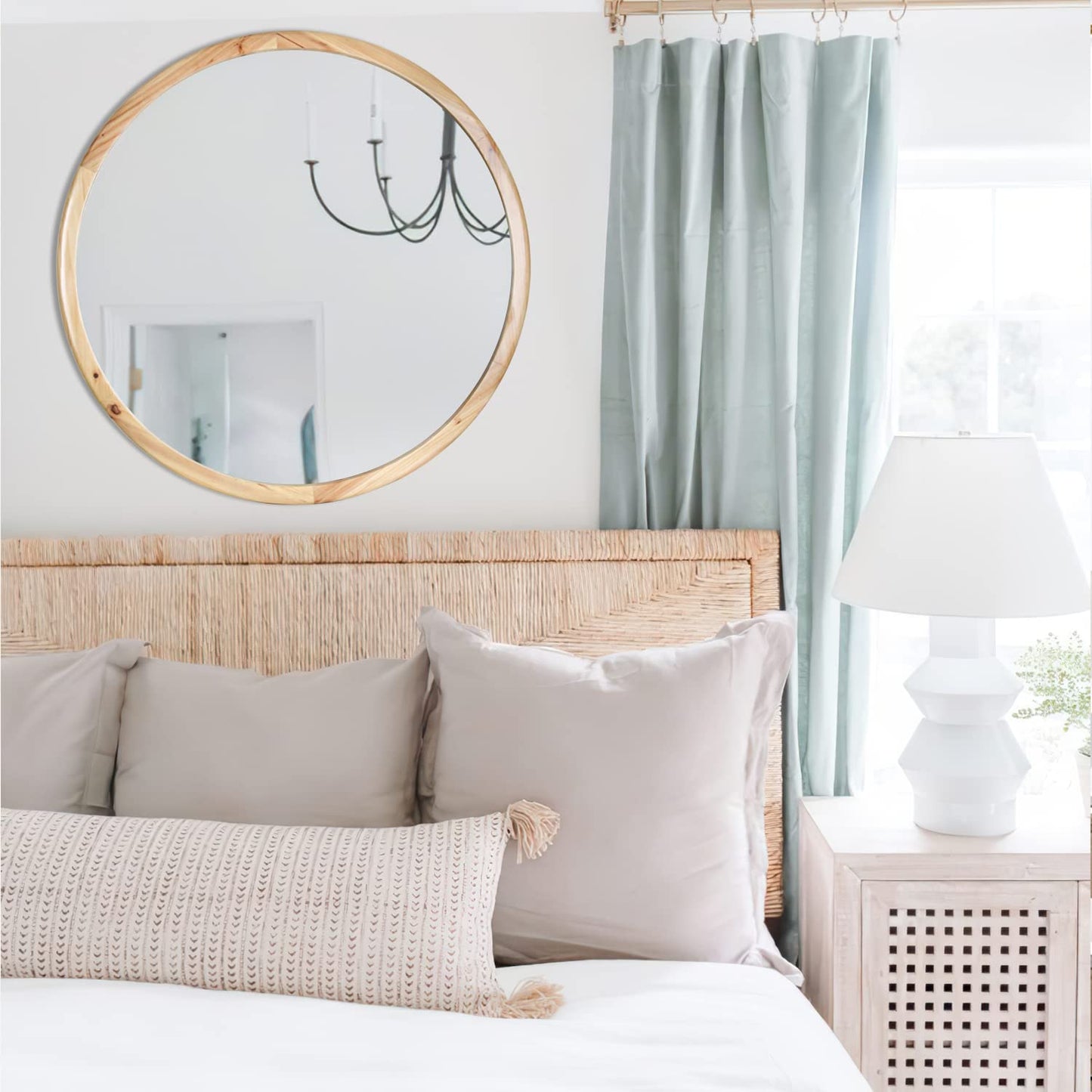 GLCS GLAUCUS Round Wood Mirror,32 inch Circle Wooden Natural Large Farmhouse Vanity Boho Decor Wall Mirror for Bathroom Bedroom Living Room Hallway