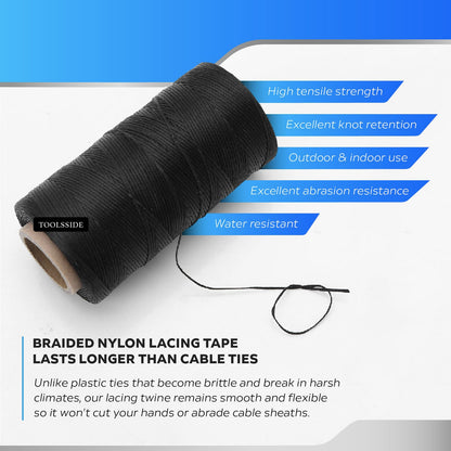 TOOLSSIDE 9-Ply Black Waxed Twine 1500 Feet/500 Yard Wax Lacing Cord Nylon (210D Polyester) - 160 LBS Tensile Strength Black Twine String for Crafts, 1-Roll