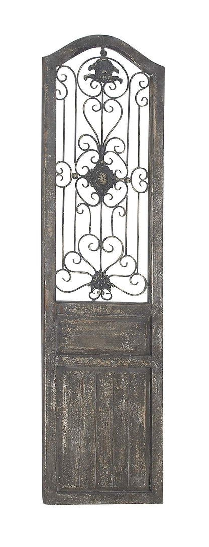 Deco 79 Wood Scroll Home Wall Decor Distressed Door Panel Wall Sculpture with Metal Wire Details, Wall Art 19" x 1" x 72", Brown