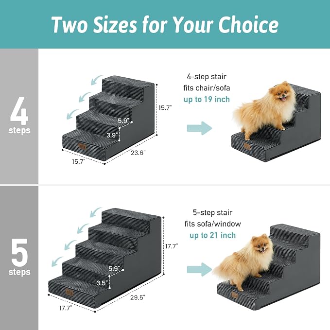 COZY KISS Dog Stairs for Small Dogs 17.7" H, 5-Step Gentle Incline Pet Step for Couch and Beds, Non-Slip Dog Ramp for Puppy Doggie Senior Cats, 17.7x29.5x17.7 Inch, Charcoal Grey