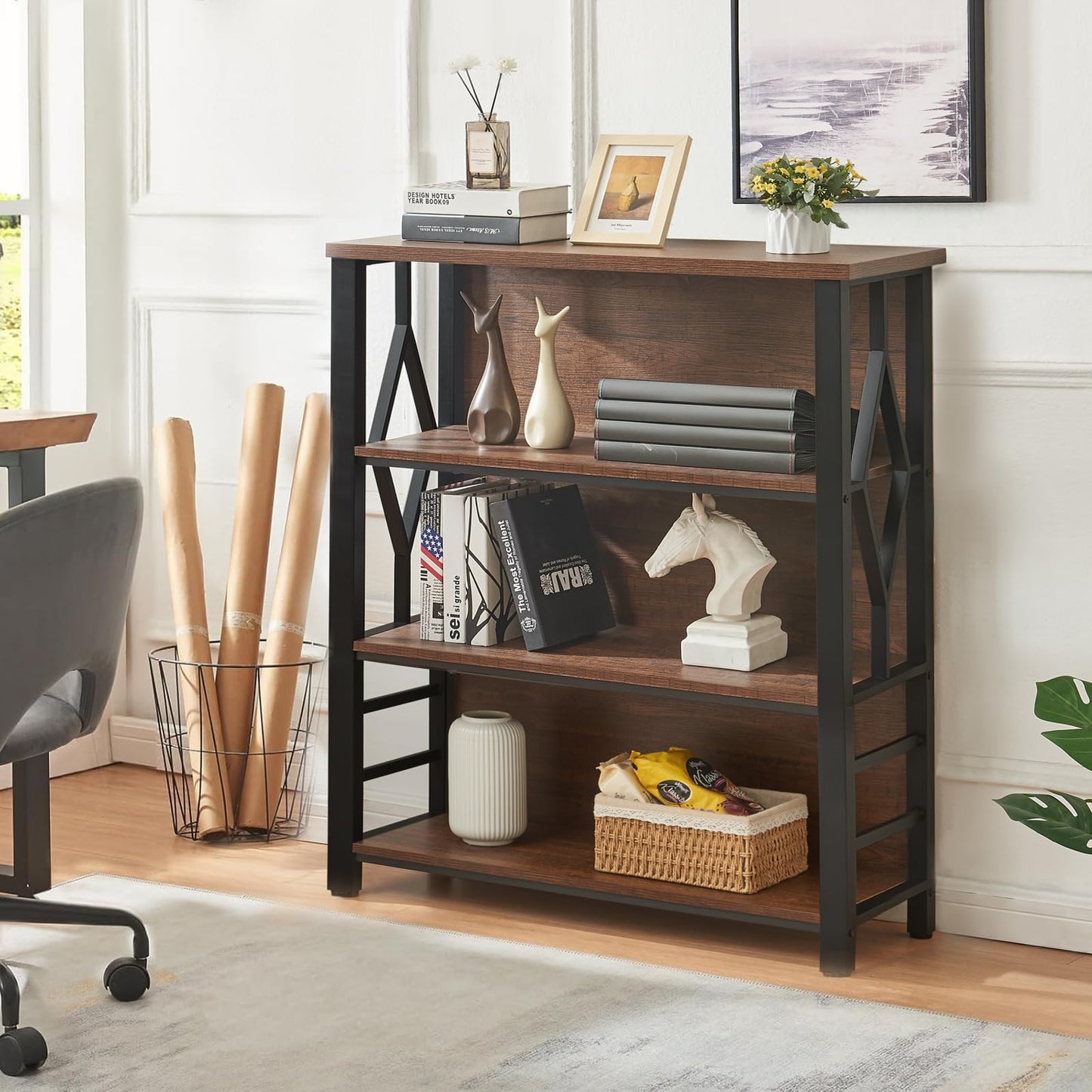 HOMISSUE Bookshelf, 4-Tier Rustic Short Bookshelf, Industrial Shelf Bookcase with Engineered Wood Shelves, Low Bookcase with Storage, Small Shelf for Living Room, Bedroom and Office, Rustic Brown