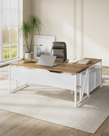 LITTLE TREE 63" L Shaped Executive Computer Desk and Drawer lateral File Cabinet, Walnut