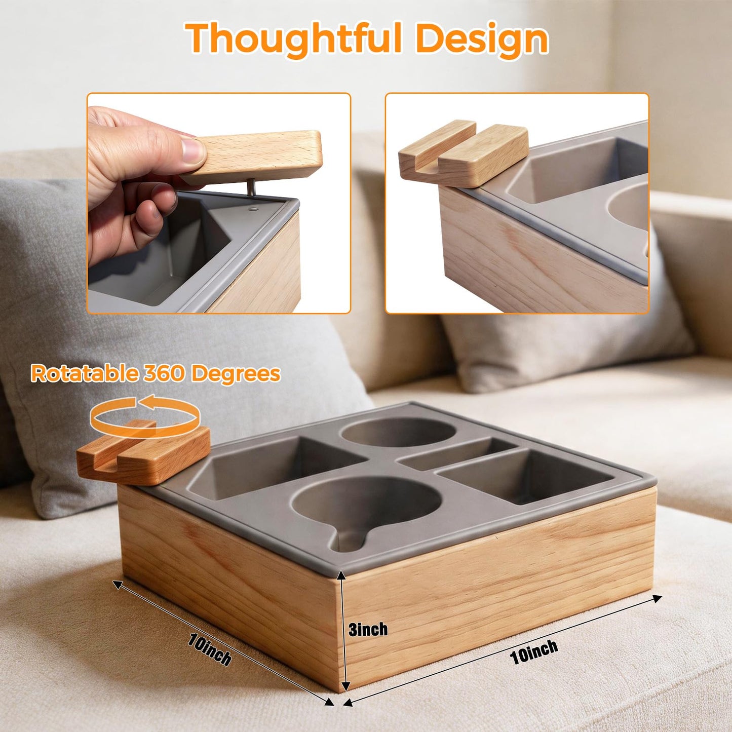 ThinRinRin Wooden Couch Cup Holder Tray with Phone Holder and Couch Caddy