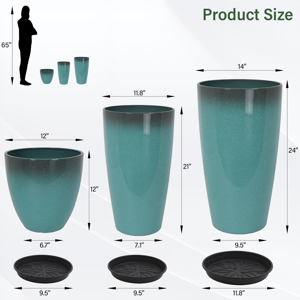 Neoaider 24/21/12 Inch Large Plastic Planter, Lightweight Ceramic-Look Tall Planters with Drain Hole & Saucers, Tall Plastic Planters for Porch, Garden, Patio, Balcony(Sky Blue)
