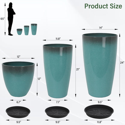 Neoaider 24/21/12 Inch Large Plastic Planter, Lightweight Ceramic-Look Tall Planters with Drain Hole & Saucers, Tall Plastic Planters for Porch, Garden, Patio, Balcony(Sky Blue)