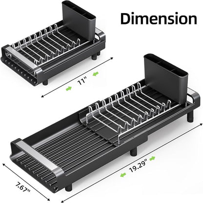 Small Dish Drying Rack, Mini Expandable Compact Dish Rack, Slim Extendable Stainless Steel Dish Drainer for Kitchen Plate Storage, Space Saving Dish Strainer in Sink or on Home Countertop, Matte Black