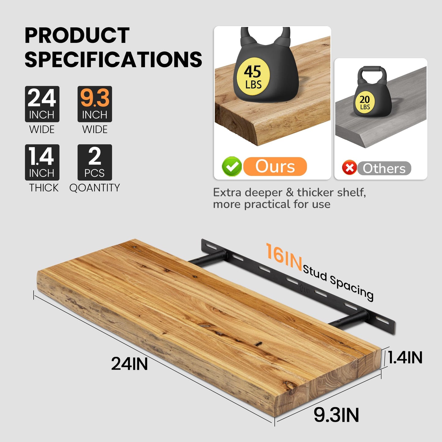 Fun Memories Floating Shelves for Wall, 24"x9.3" Solid Wood Floating Live Edge Shelf, Heavy-Duty Wall Shelf with Invisible Brackets, Set of 2 for Living Room, Bedroom, and Kitchen, Natural Finish