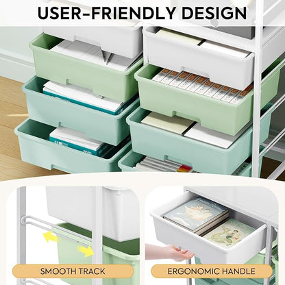 Rolling cart with 8 drawers,Storage drawer cart with wooden tabletop,Lockable wheels organizer for homeschool, arts & crafts, classroom, office & creative spaces (Green)