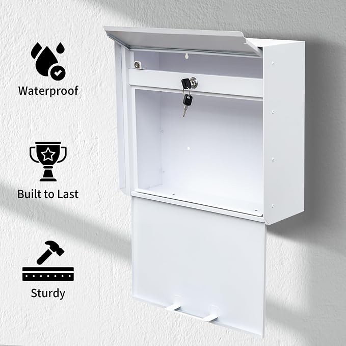 Wall Mount Mailbox for House Outside, Anti-Theft Locking Mailbox, Weatherproof Mailboxes 13.5" H x 15" L x 5.5" D, White