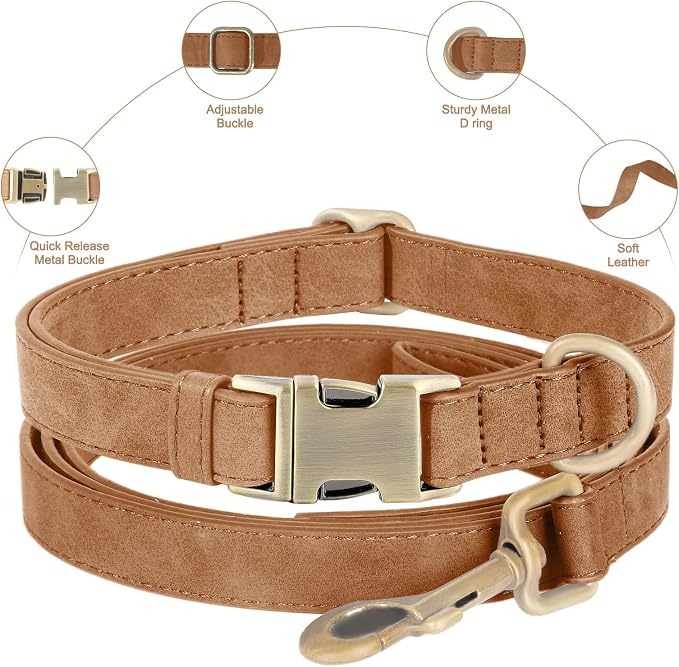 Genuine Leather Dog Collar - Adjustable Pet Collar with Quick Release Metal Buckle, Soft Skin Friendly Real Leather Collar for Small, Medium, Large Dogs (Brown Collar + Rope, M：Fit 12-20" Neck)
