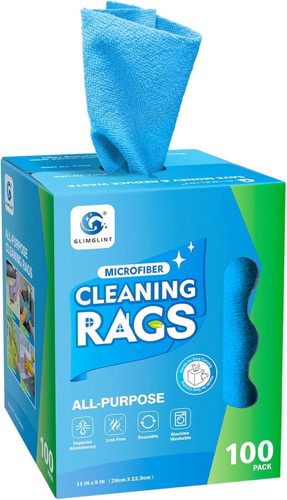 GLIMGLINT Shop Towel, 100 Pack Blue Microfiber Cleaning Cloth, Ultra Absorbent