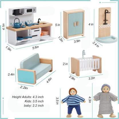 Giant bean 36pcs Wooden Dollhouse Furniture Set 5 Rooms 4 Family Dolls, Wood and Plastic Blue Dollhouse Accessories, Pretend Play Furniture Toys Christmas Birthday Gift for Boys Girls Kids Toddlers 3+