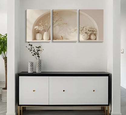 3pcs Framed Canvas Wall Art Arched Wabi Sabi Niche Textured Vases Dried Florals Posters Prints Pictures Paintings Minimalist Warm Beige Wall Decor for Bedroom Living Room Bohemian Decoration