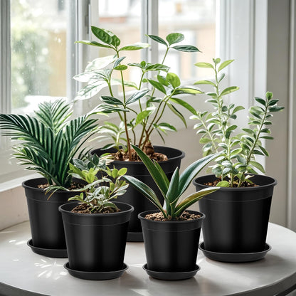 FUIJOL 2 Gallon Plastic Pots with Drip Trays, Sturdy Gallon Plant Pots with Drainage Holes, Large Plastic Planter for Flowers, Ideal for Indoor and Outdoor Use (2Gallon-10PACK)