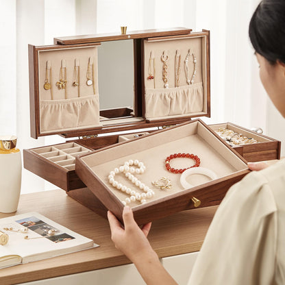 Homruilink Wooden Jewelry Box for Women, 3 Level Multi-functional Drawers Black Walnut Jewelry Organizer Box, Watch, Necklace, Ring, Earring Storage, Fathers Day Gift (With Mirror B)