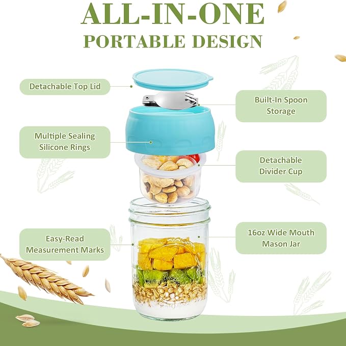 Miuyhji 4 Pack Overnight Oats Containers with Lids, Chia Seed Pudding Jars with Folding Spoons & Divided Compartments for Fruit & Nuts, 16oz Glass Mason Jars for Oatmeal Yogurt Meal Prep Parfait