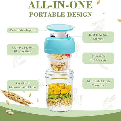 Miuyhji Overnight Oats Containers with Lids, 2-Pack Glass Mason Jars 16 oz with Lids, Folding Spoons and Separated Compartment, for Chia Pudding, Yogurt, Salad, Parfait Cups (Beige)