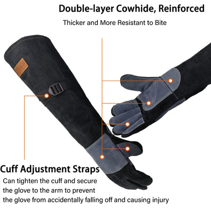 WZQH 23.6 In Leather Welding Gloves for Animal Handling,Grabbing Reptile, Grooming,Trips to Vet,BBQ,Fireplace.Puncture & Scratch Resistant, Bite Proof for Cat Dog Bird Falcon Livestock Snake L Black