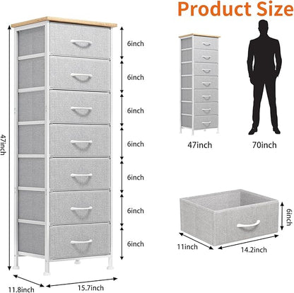 Fixwal Tall Dresser for Bedroom, Storage Dresser Organizer with 7 Fabric Drawers, Nightstand Furniture in Closet, Entryway, Hallway, Light Grey