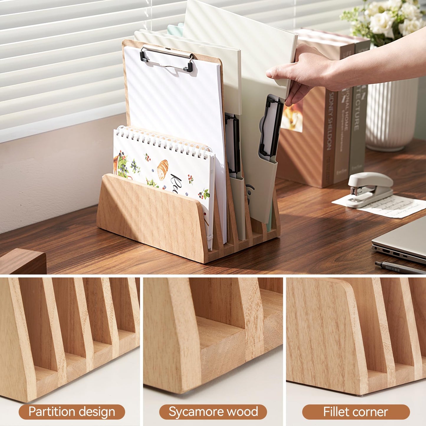 KIRIGEN Wooden Desk Mail Organizer, 5-Slot File Holder and Letter Sorter for Mail, Folders, Bills, Papers, Notebooks, Home Office, Classroom, Countertop, No Assembly, Natural 5KWJJ-NA