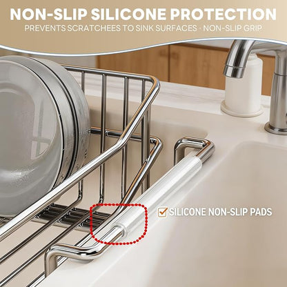 Dish Drying Rack in Sink, Extendable 304 Stainless Steel Dish Drainer for Kitchen Counter, Over The Sink with Utensil Holder, Corrosion Resistant Space Saving Drainage Basket