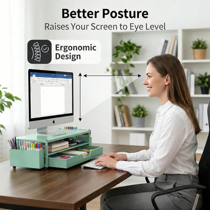 ECOLOVI Desk Organizer and Accessories, 2-Tier Computer Monitor Stand Rise with Storage Drawer & 2 Pen Holders, Laptop & Printer Stand for Desktop, Workspace Organizers for Office Supplies (Green)