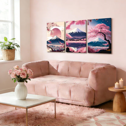 3 Pcs Fuji Mountain Canvas Print Wall Art Japanese Cherry Blossom Artwork Anime Style Posters Prints16x24 Inch Framed Wall Decor for Bedroom Living Room Study Office and Zen Home
